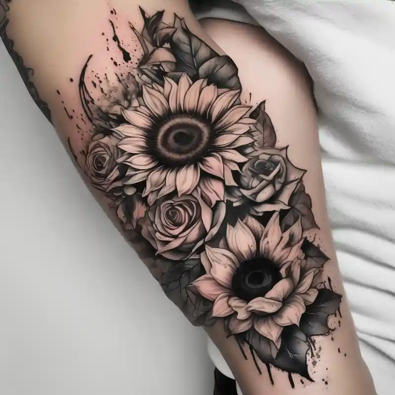 sunflower and roses floral sleeve tattoo glitter tattoo – Acuarela, Blanco y negro